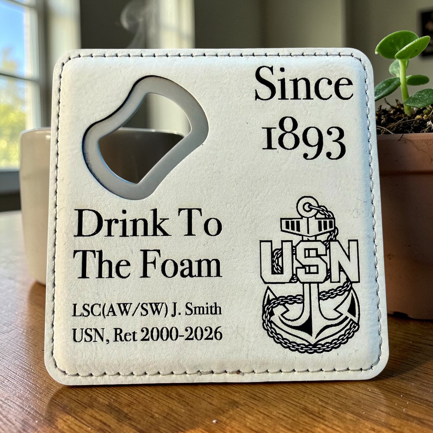 Navy Chief retirement bottle opener coaster with personalized name, rank and years of service