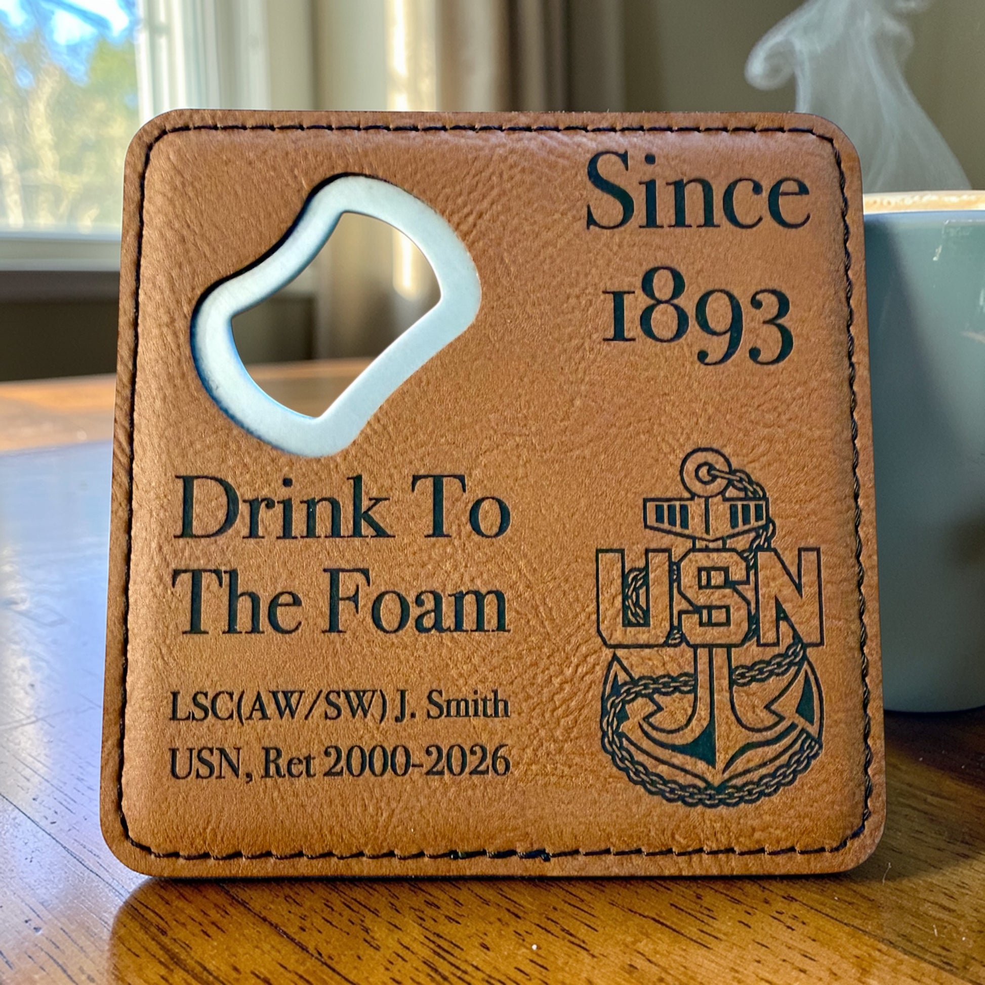 Navy Chief retirement bottle opener coaster with personalized name, rank and years of service