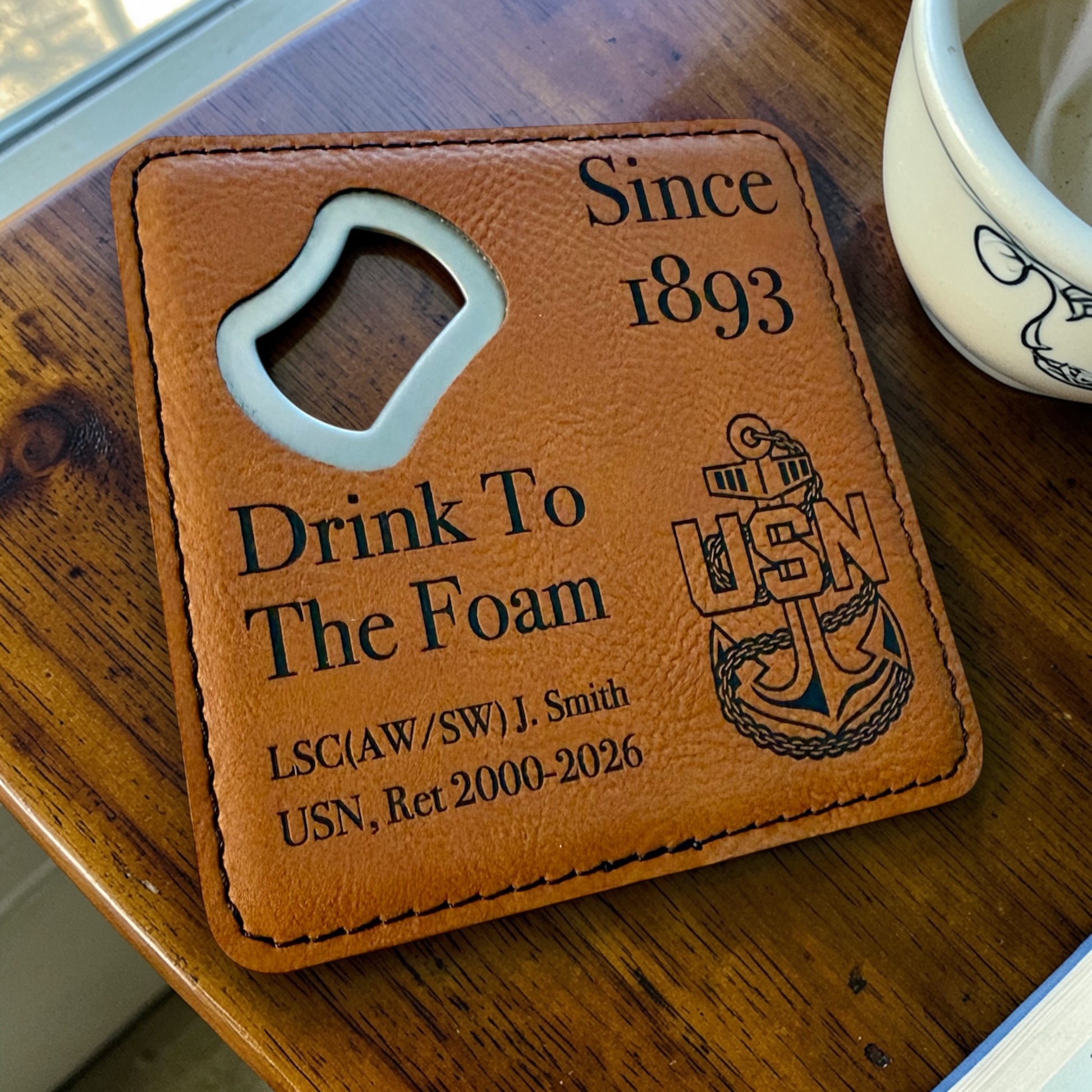 Navy Chief retirement bottle opener coaster with personalized name, rank and years of service