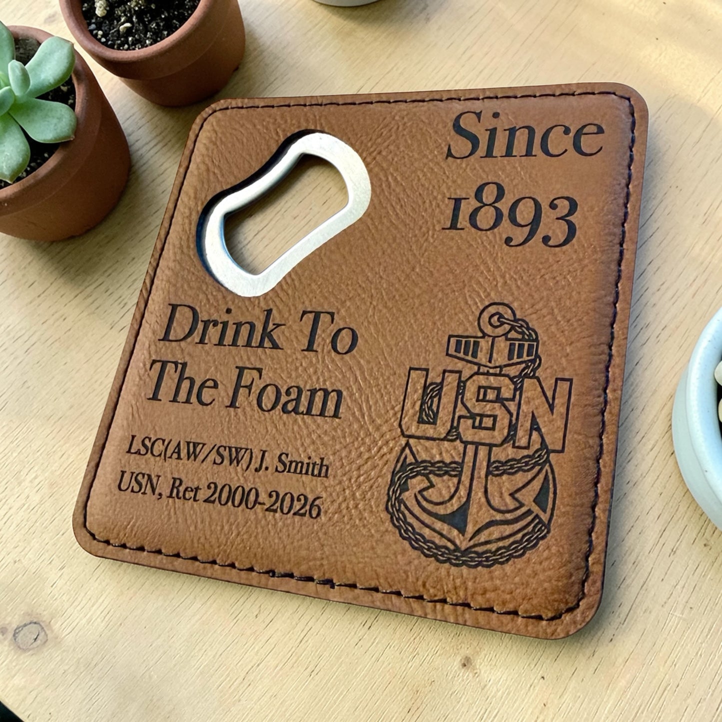 Navy Chief retirement bottle opener coaster with personalized name, rank and years of service