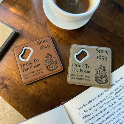 Navy Chief retirement bottle opener coaster with personalized name, rank and years of service