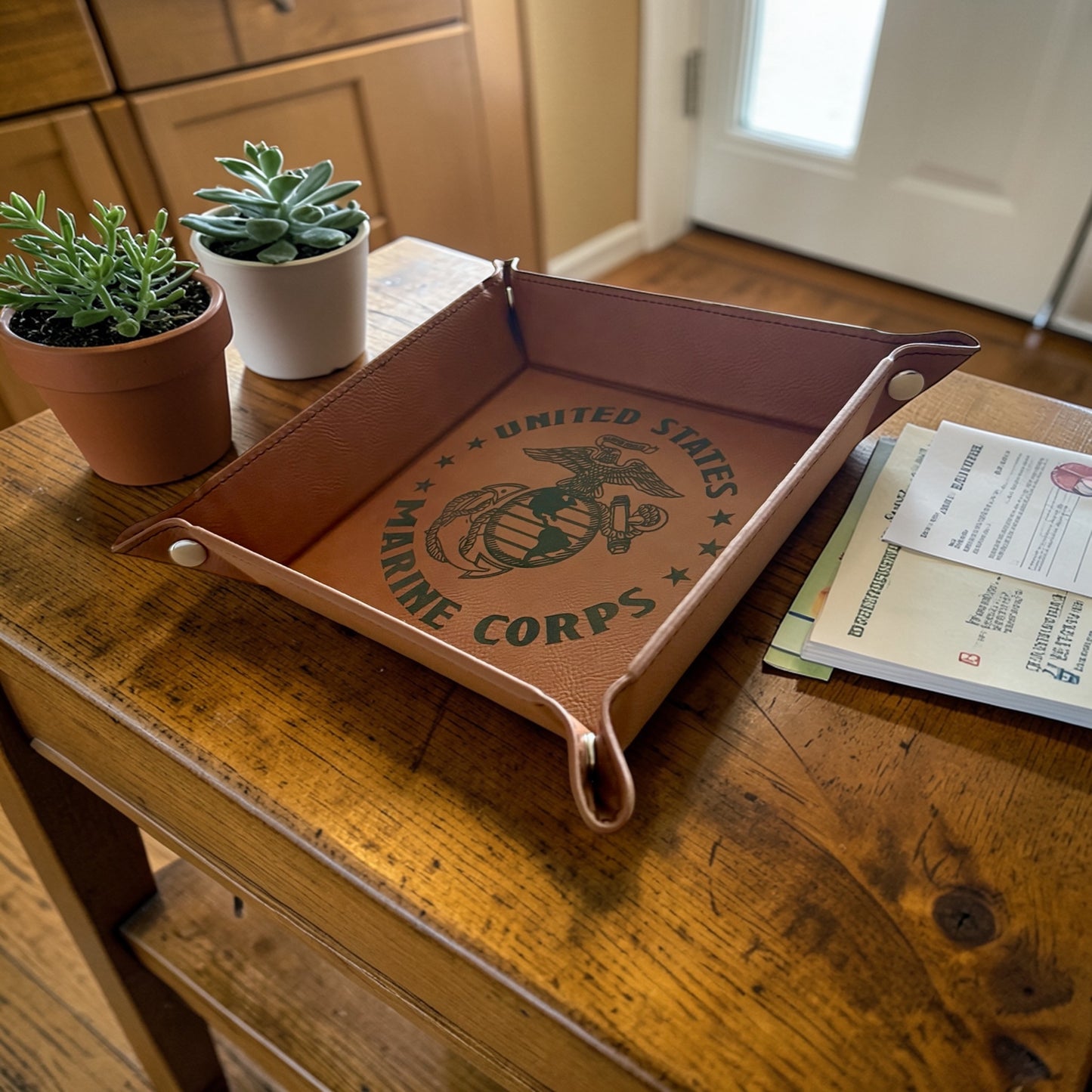 Marine Corps Catchall Tray – USMC Eagle Globe & Anchor Leatherette Valet Tray (6" x 6")