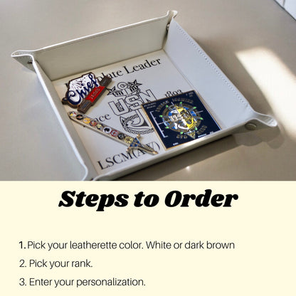 Navy Chief Catchall Tray, Personalized Leatherette Snap Up Valet Tray with Silver Snaps, Senior Chief, Master Chief, Custom Rank and Name