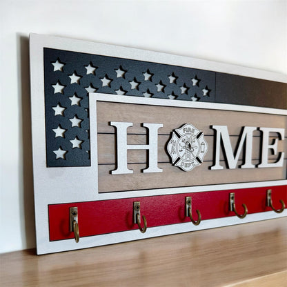 USA Flag Firefighter Fathers Day Key Holder Wall Mount, Black Stripes Thin Red Line, Patriotic Wall Decor, American Flag Firefighter Logo