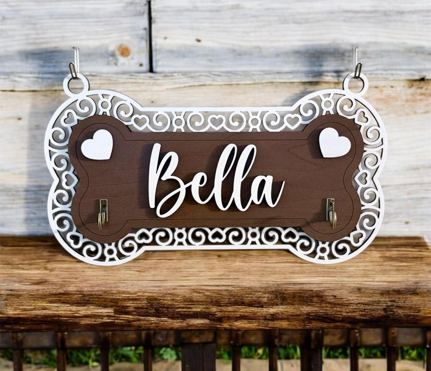 Personalized Dog Leash Holder, 2 Layer Plywood with Heart Frame Design & 2 Hooks, Custom Dog Name Wall Organizer