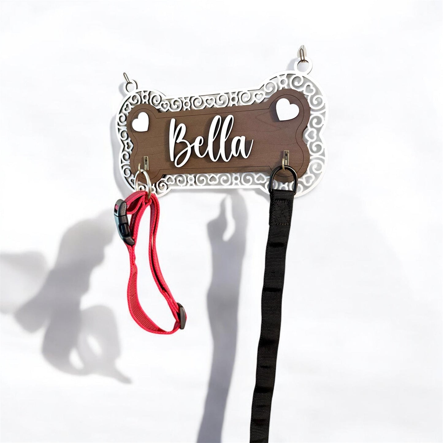 Personalized Dog Leash Holder, 2 Layer Plywood with Heart Frame Design & 2 Hooks, Custom Dog Name Wall Organizer