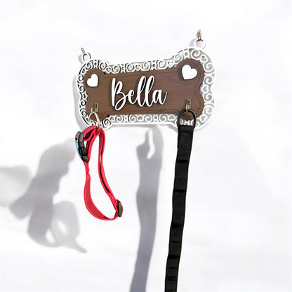 Personalized Dog Leash Holder, 2 Layer Plywood with Heart Frame Design & 2 Hooks, Custom Dog Name Wall Organizer