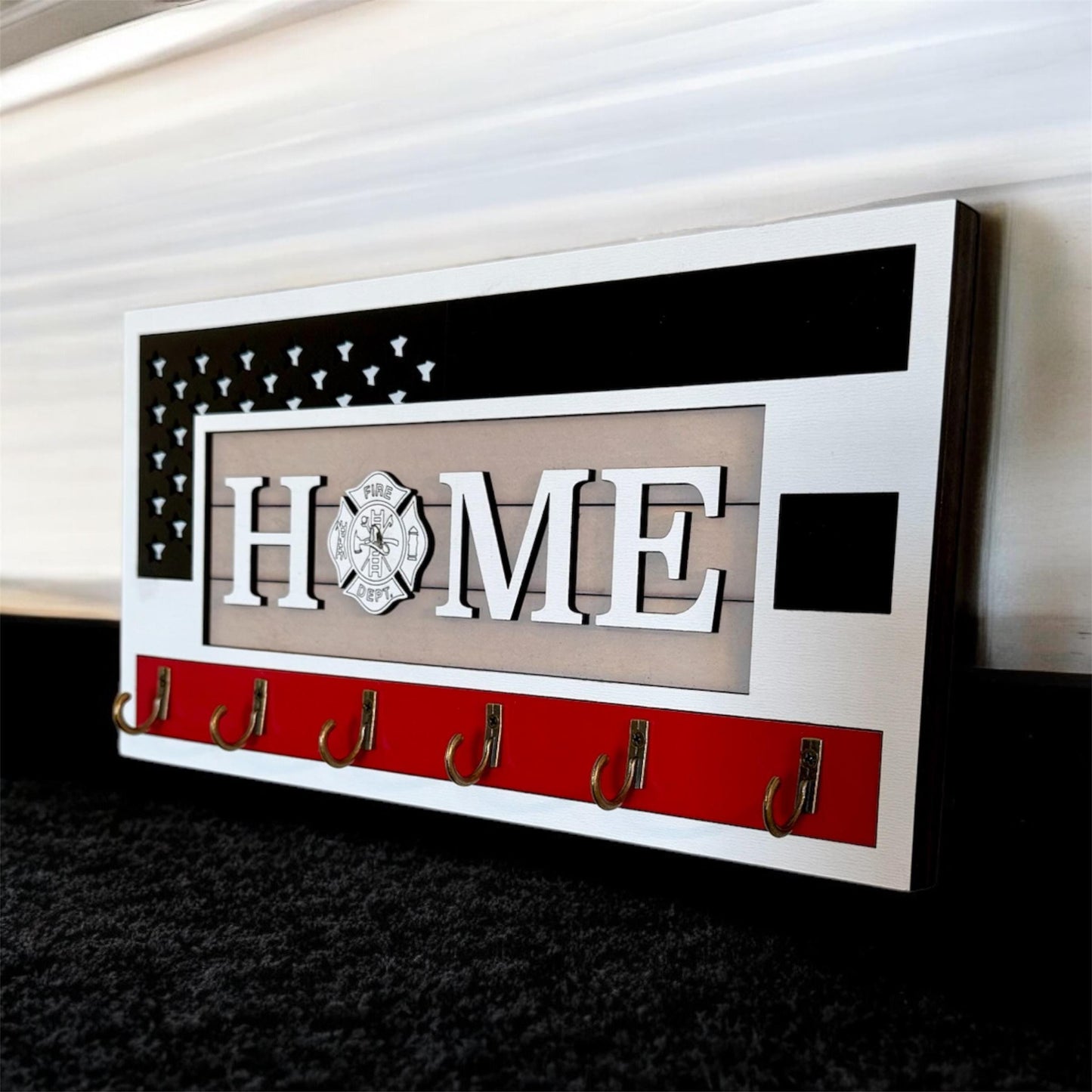 USA Flag Firefighter Fathers Day Key Holder Wall Mount, Black Stripes Thin Red Line, Patriotic Wall Decor, American Flag Firefighter Logo