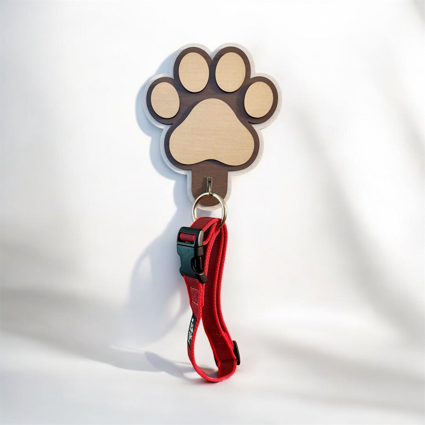 Dog Paw Leash Holder, 4 Layer Maple Plywood Wall Mount with Hook for Leashes, Collars & Bags, Pre Drilled, Linen, Oak, and Maple Finish.