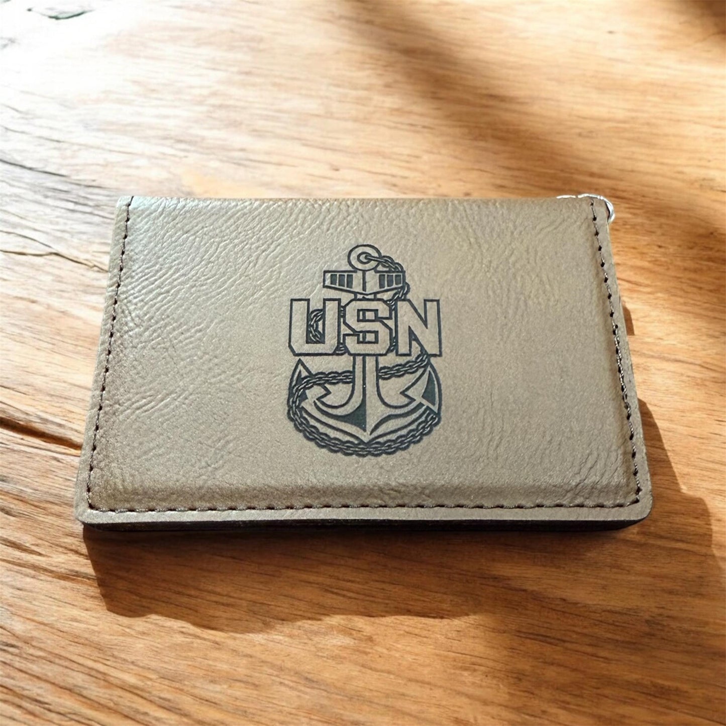 Navy Chief ID Card Holder Key Chain, Custom Engraved Leatherette, Personalized Military Gift for Chief's and Sailors.
