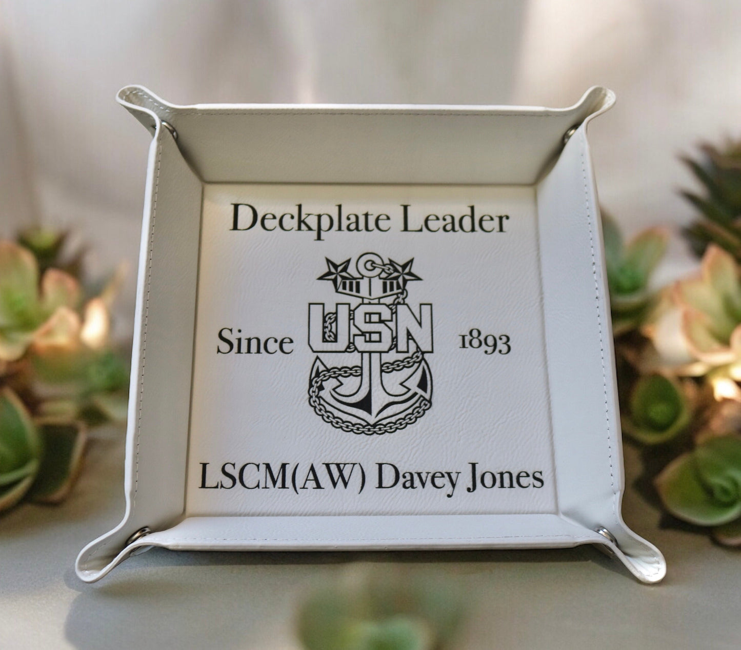 Navy Chief Catchall Tray, Personalized Leatherette Snap Up Valet Tray with Silver Snaps, Senior Chief, Master Chief, Custom Rank and Name
