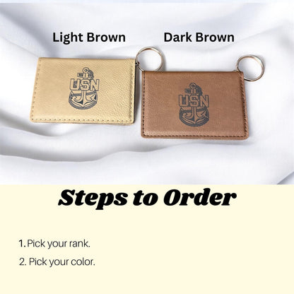 Navy Chief ID Card Holder Key Chain, Custom Engraved Leatherette, Personalized Military Gift for Chief's and Sailors.