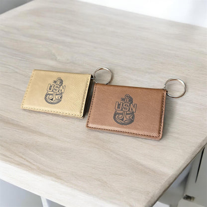 Navy Chief ID Card Holder Key Chain, Custom Engraved Leatherette, Personalized Military Gift for Chief's and Sailors.
